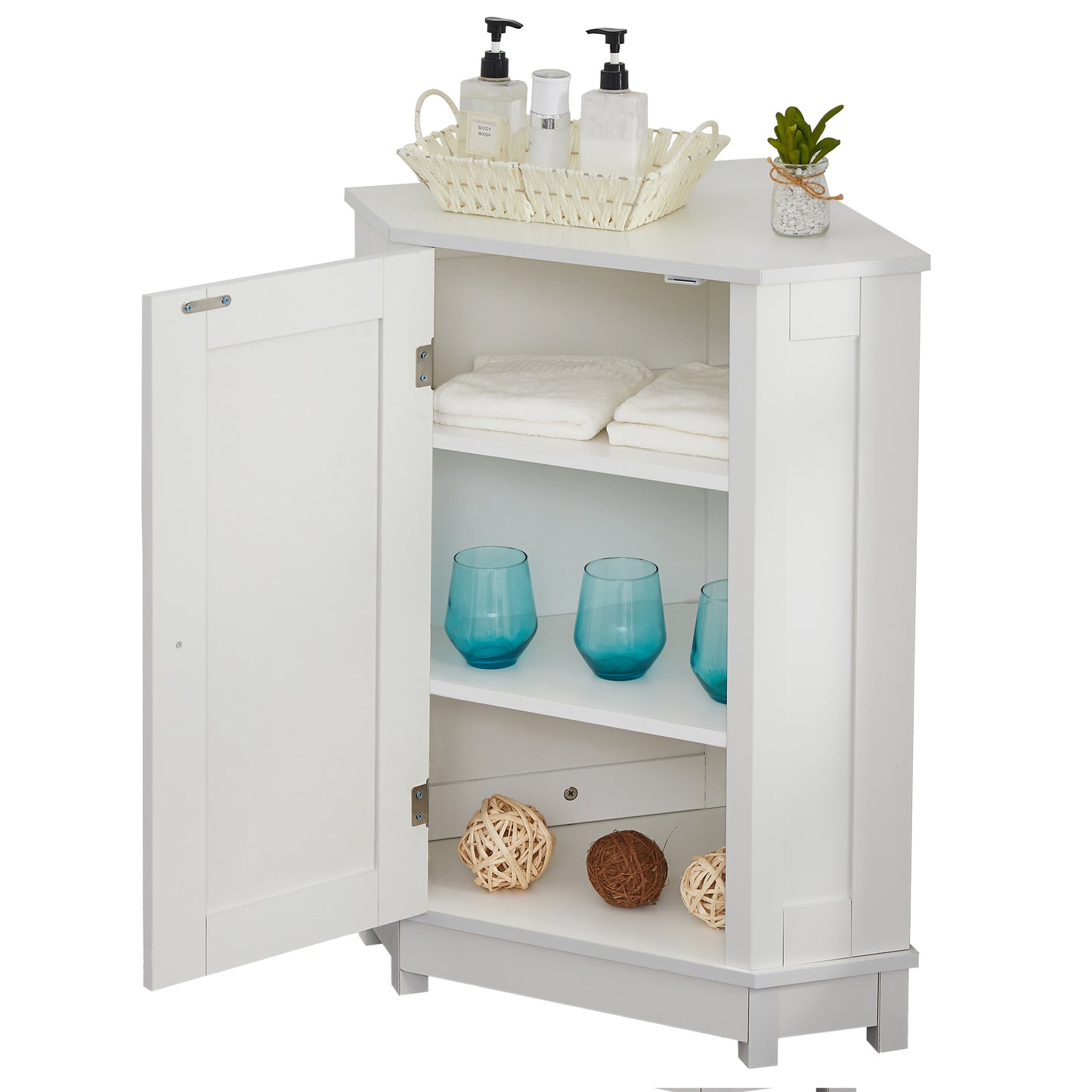 White Bathroom Cabinet Triangle Corner Storage Cabinet with Adjustable Shelf Modern Style MDF Board