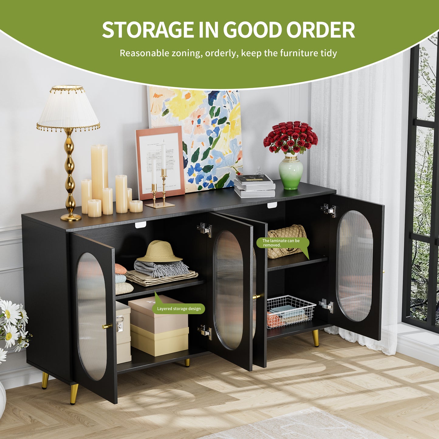 Modern Accent Sideboard Cabinet with Acrylic Doors, Freestanding Storage Cupboard in Black Finish