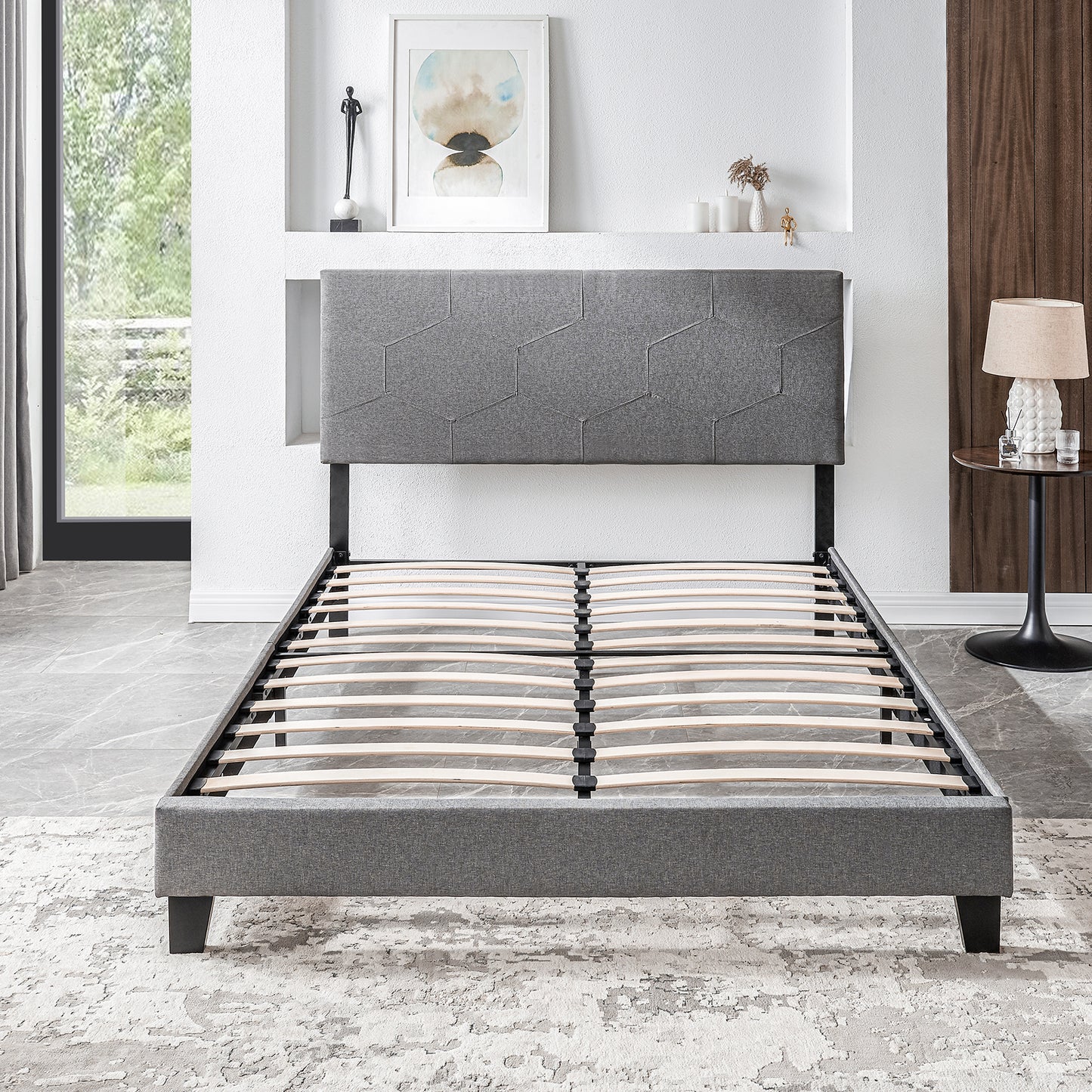 Queen Size Upholstered Platform Bed Frame Wood Slat Support Easy Assembly Grey