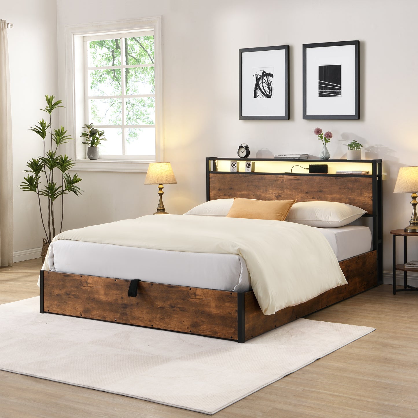 Elevating storage bed frame, full-size bed frame with bookshelf headboard and LED lights, with country brown color