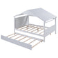 Wood Full Size House Bed with Twin Size Trundle and Storage  White