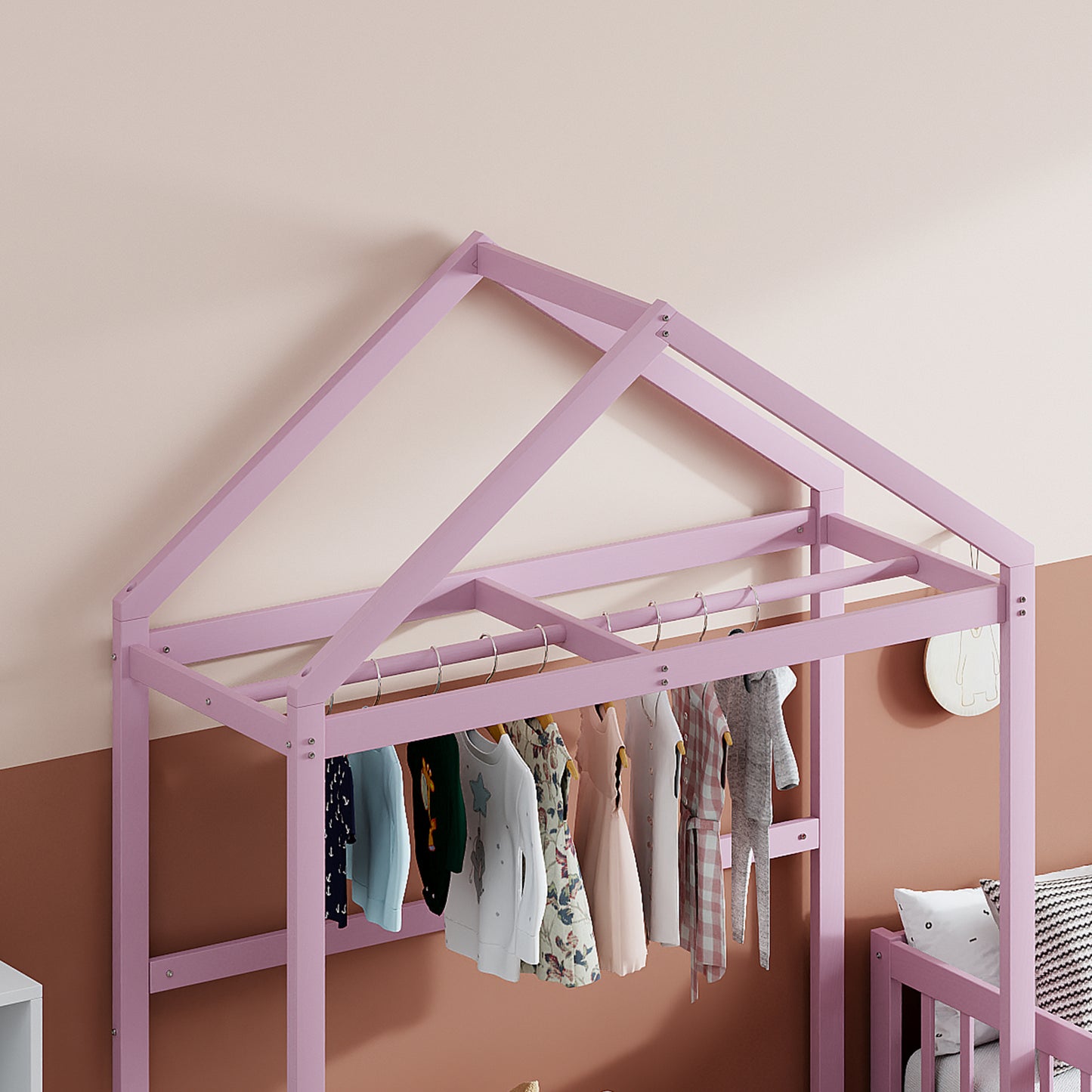 Wooden Full Size Children's Bed with Detachable Headboard and Integrated Clothes Drying Rack, Pink