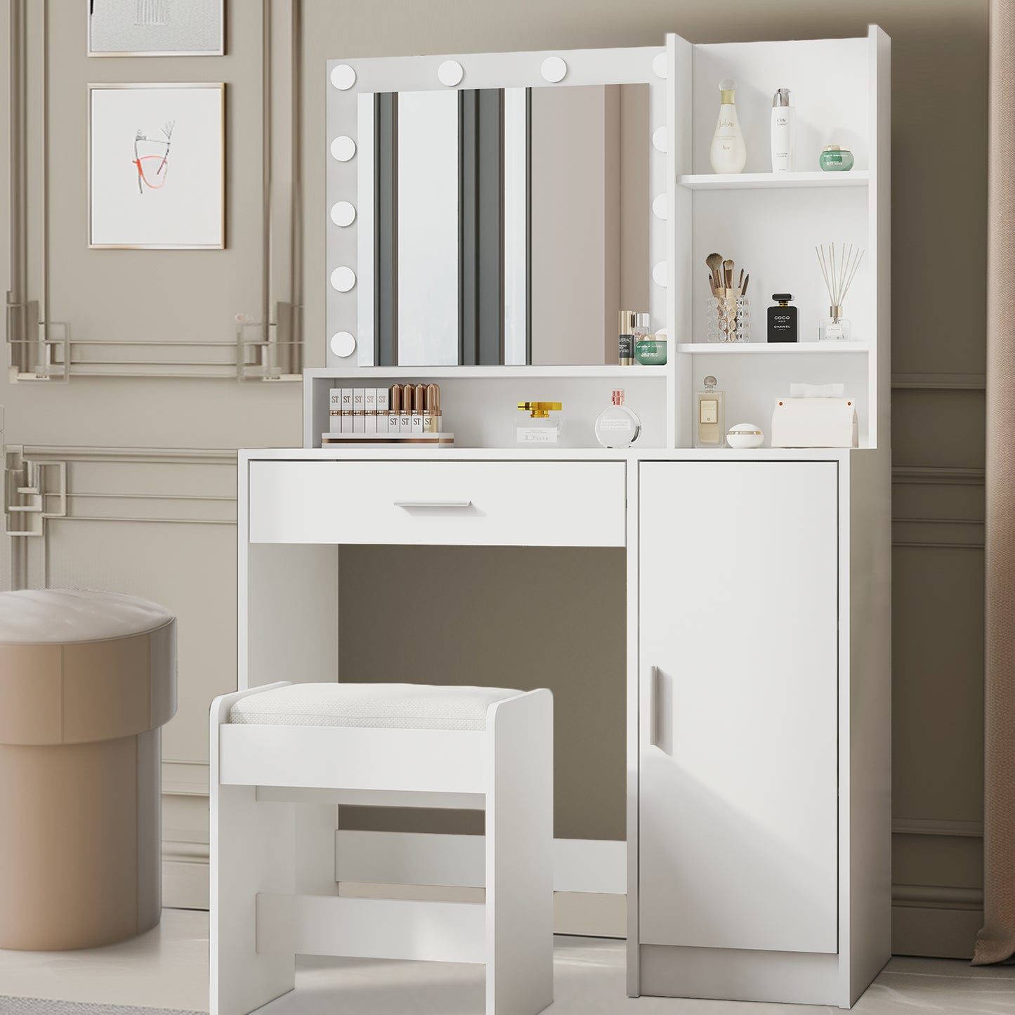 Large drawer with mirror and light, three-layer storage vanity, adjustable brightness for 3 lighting modes (white with stool)