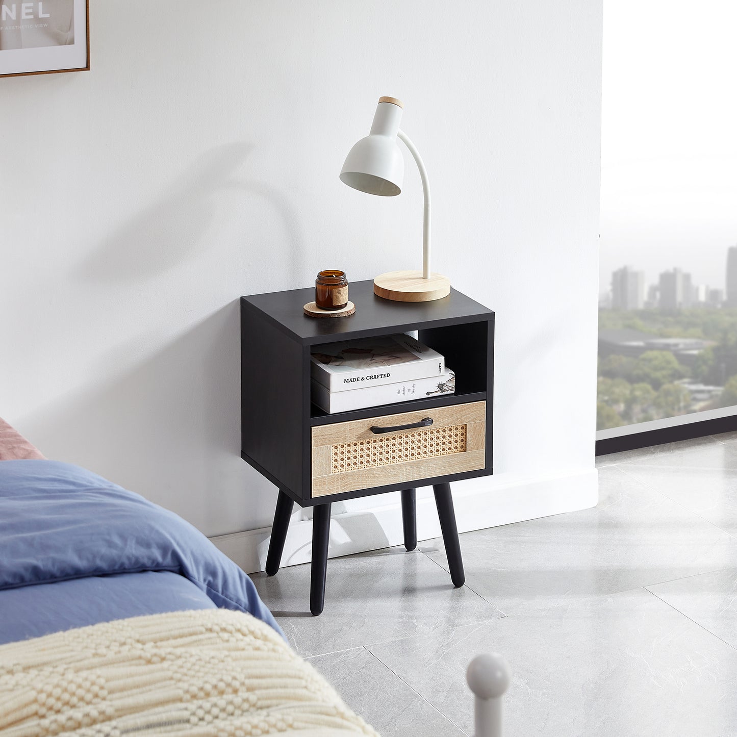 Rattan End table with drawer and solid wood legs Modern nightstand side table for living room black