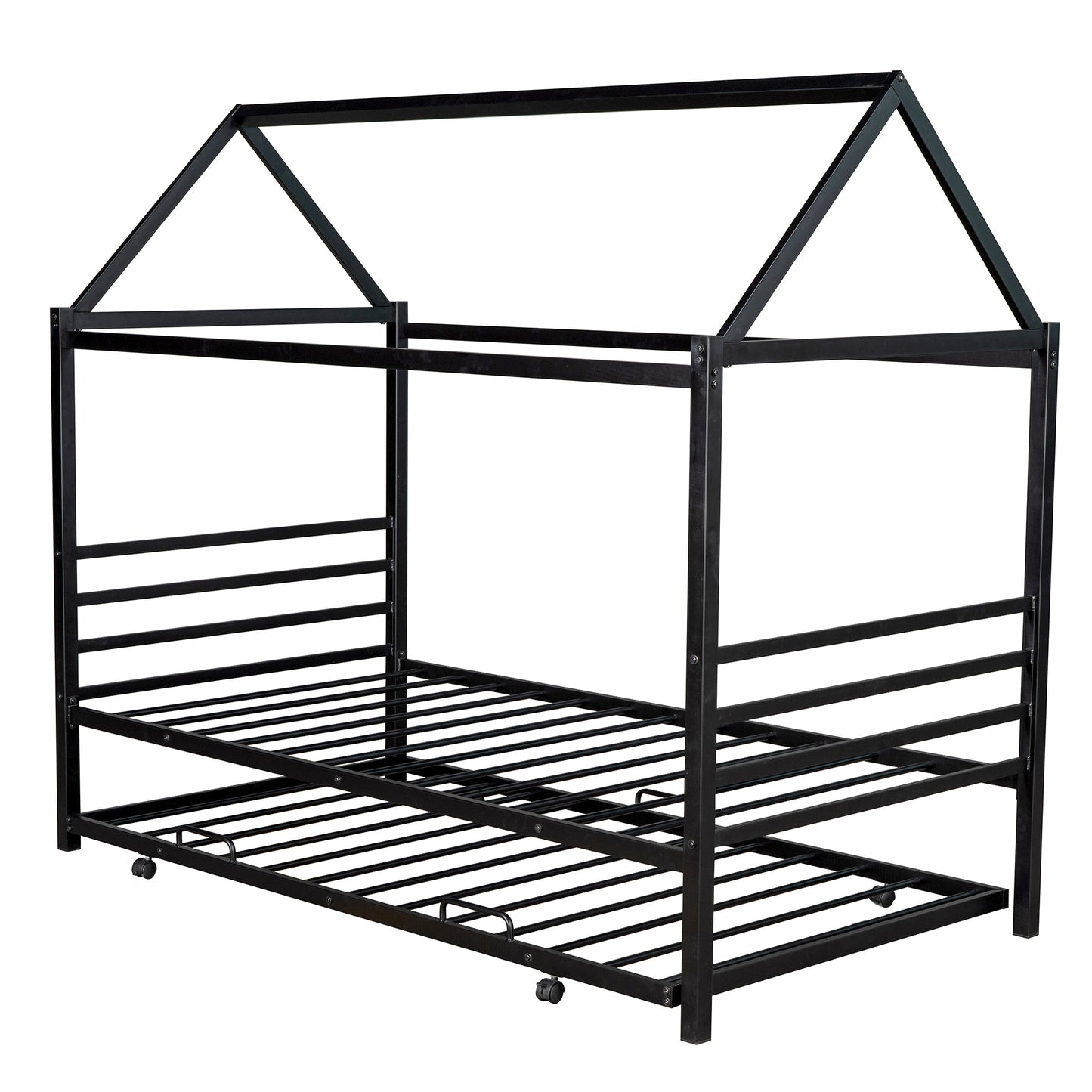 Twin Size Metal House Shape Platform Bed with Trundle Black