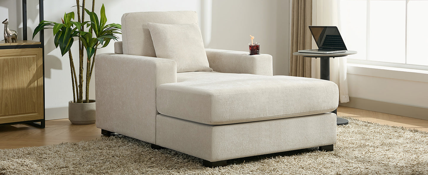 39.7" Oversized Chaise Lounger with Pillows, Charge Station, and Cup Holders, Chenille Fabric in Cream