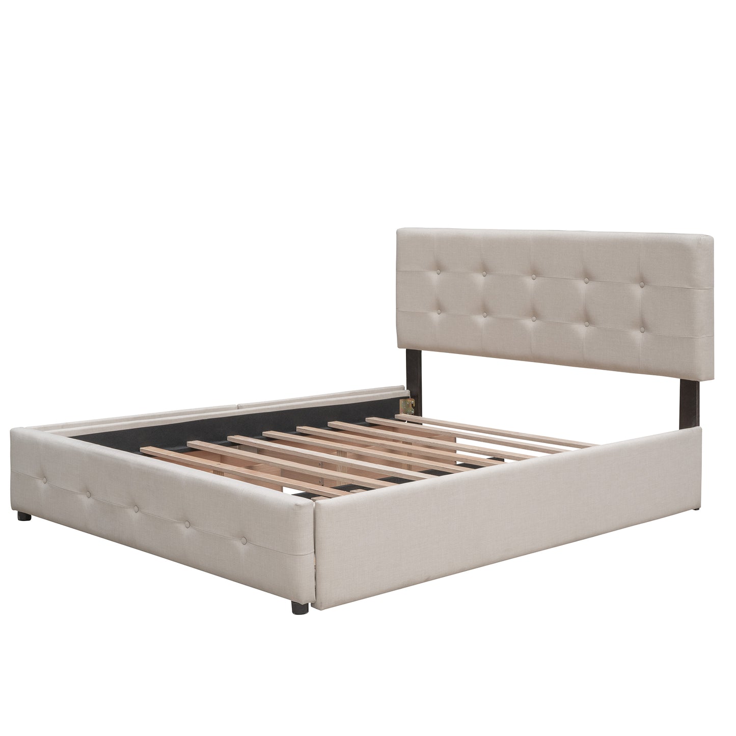 Upholstered Platform Bed with 2 Drawers and 1 Twin XL Trundle Linen Fabric Queen Size - Dark Beige