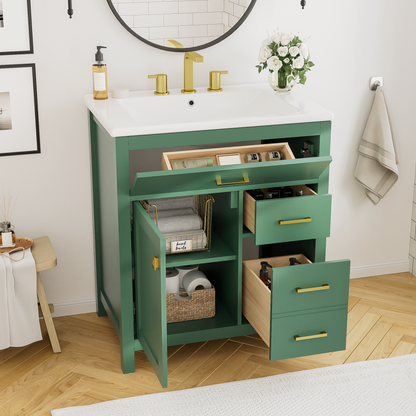 30-Inch Green Bathroom Vanity with Ceramic Sink and Ample Storage - Ideal Choice for Small Bathrooms