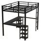 All metal loft bed with desk and shelf, loft bed with ladder and guardrail, black with black desk