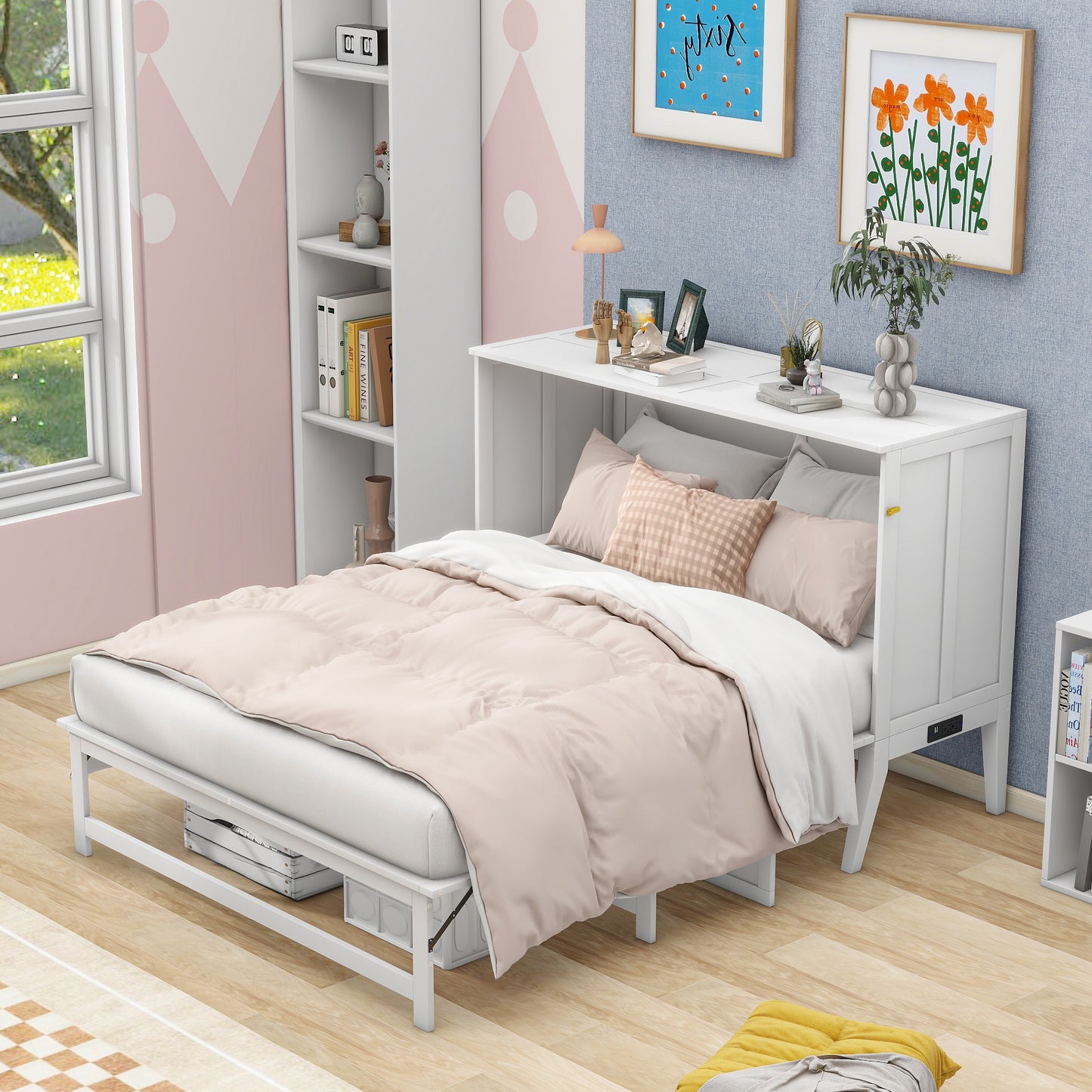 Queen Size Murphy Bed with Built-In Charging Station and a Shelf  White