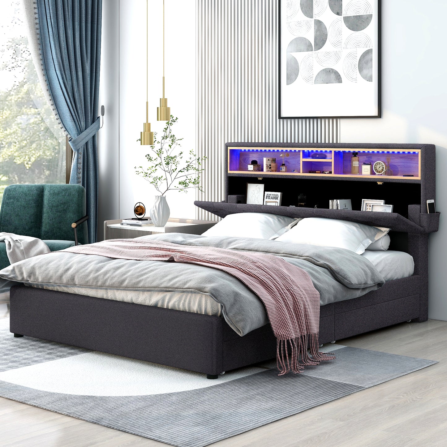 Queen Size Upholstered Platform Bed with Storage Headboard, LED Lights, USB Charging, and 2 Drawers, Dark Gray