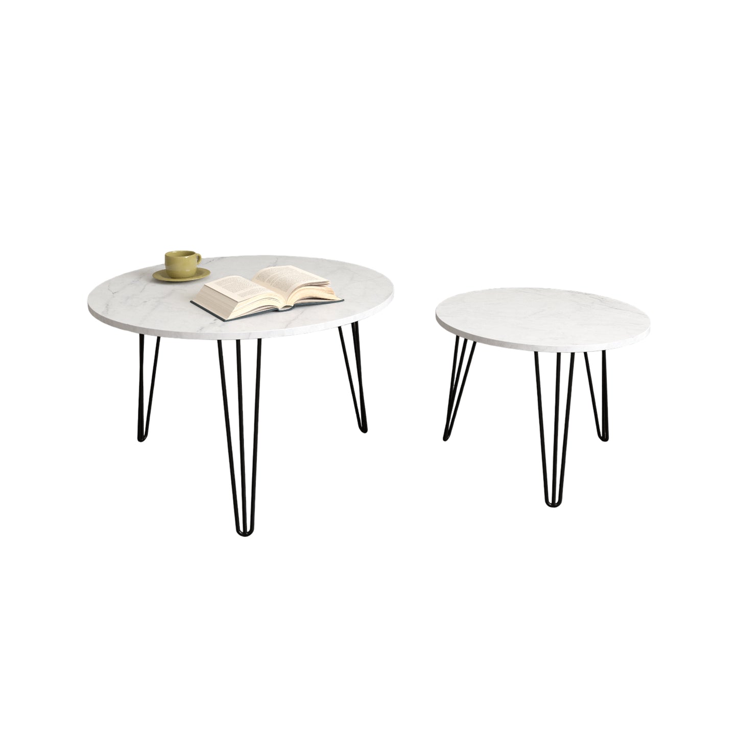 27.56'' Round Nesting Coffee Table Set of 2, Circular Nesting End Table Set Sturdy Metal Base for Living Room, bedroom, White