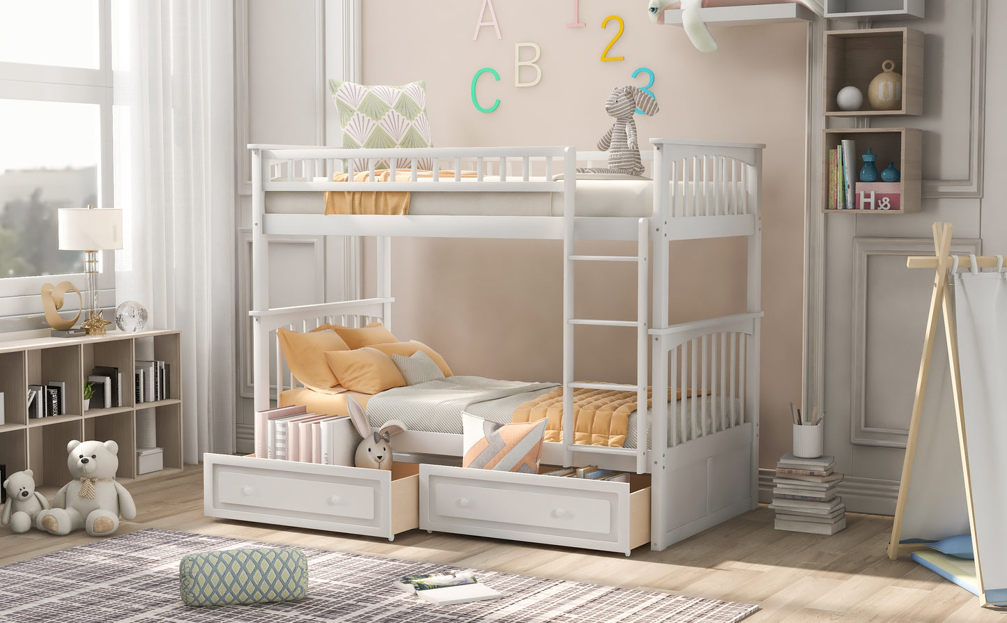 Twin over Twin Bunk Bed with Drawers  Convertible Beds  White