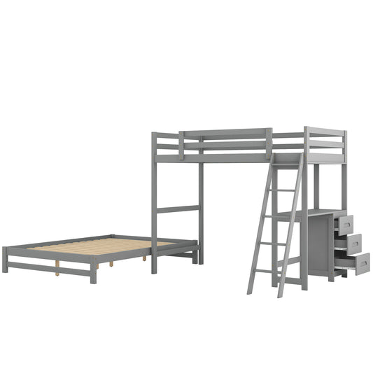 Twin over Full Bunk Bed with Built-in Desk and Three Drawers Grey