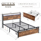 Large bed frame with storage headboard and 2 drawers, LED light bed, charging station, metal platform bed