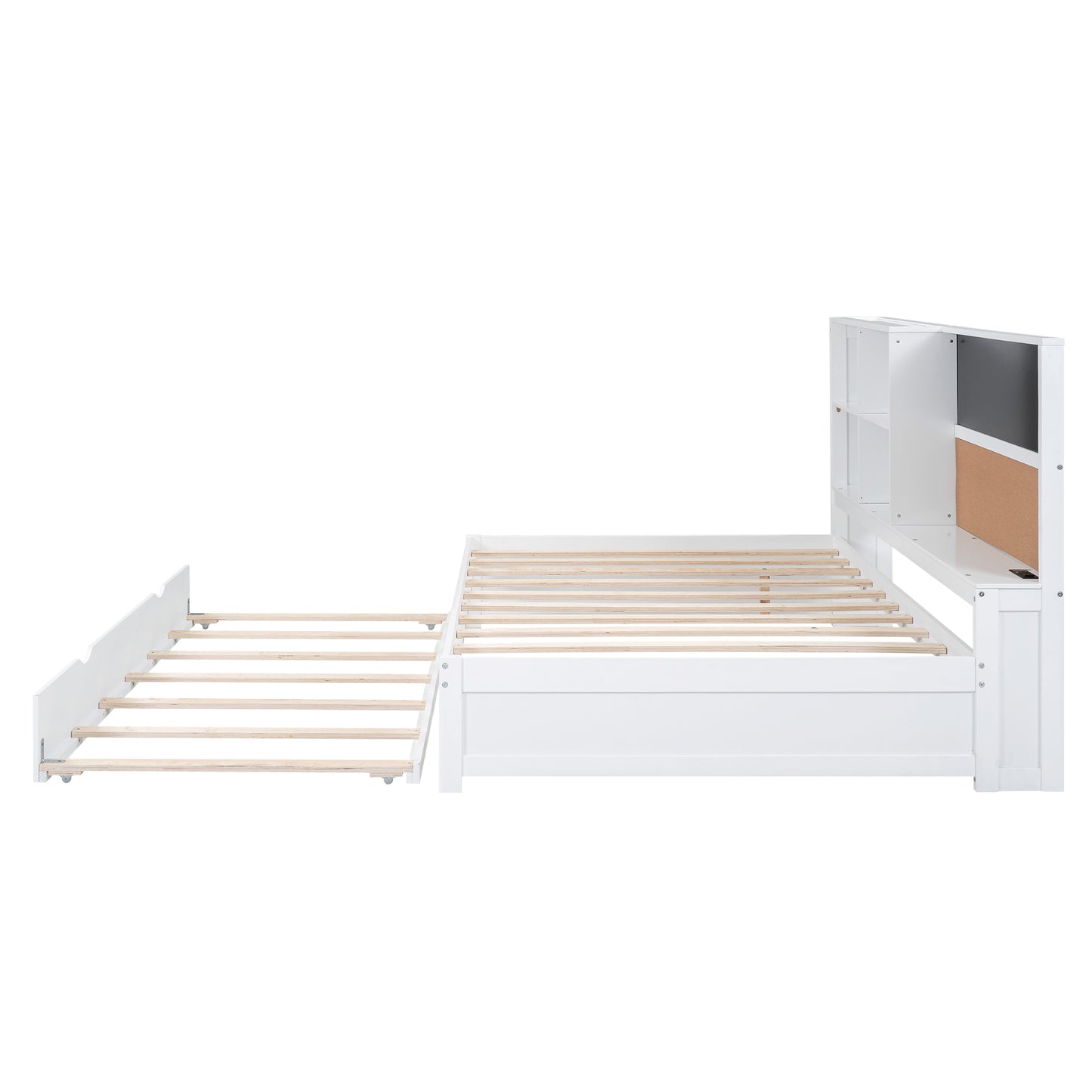 Full Size Daybed with Storage Shelves, Blackboard, Cork board, USB Ports and Twin Size Trundle  White