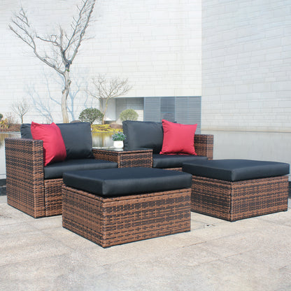 5 Pieces Outdoor Patio Garden Brown Wicker Sectional Conversation Sofa Set