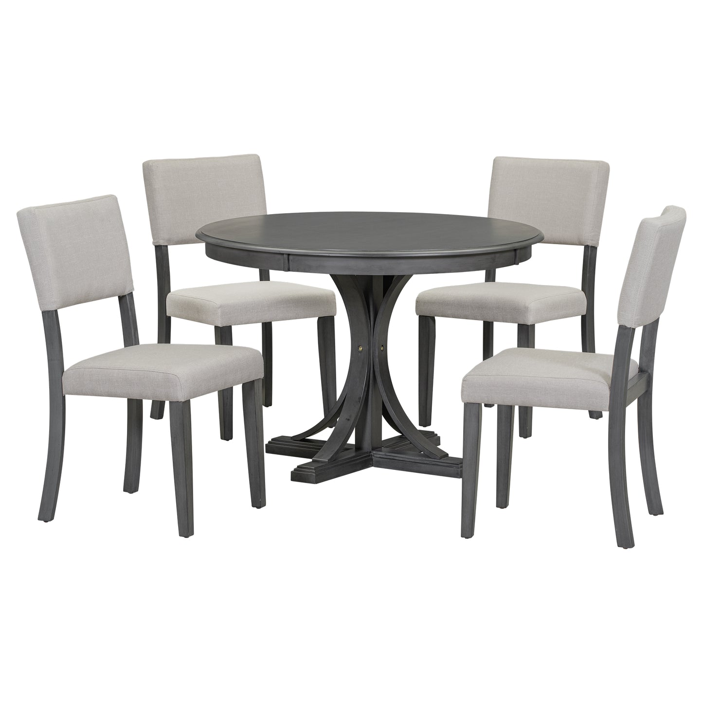 TREXM Five-Piece Retro Round Dining Table Set with Curved Brackets and 4 Cushioned Chairs, Dark Gray