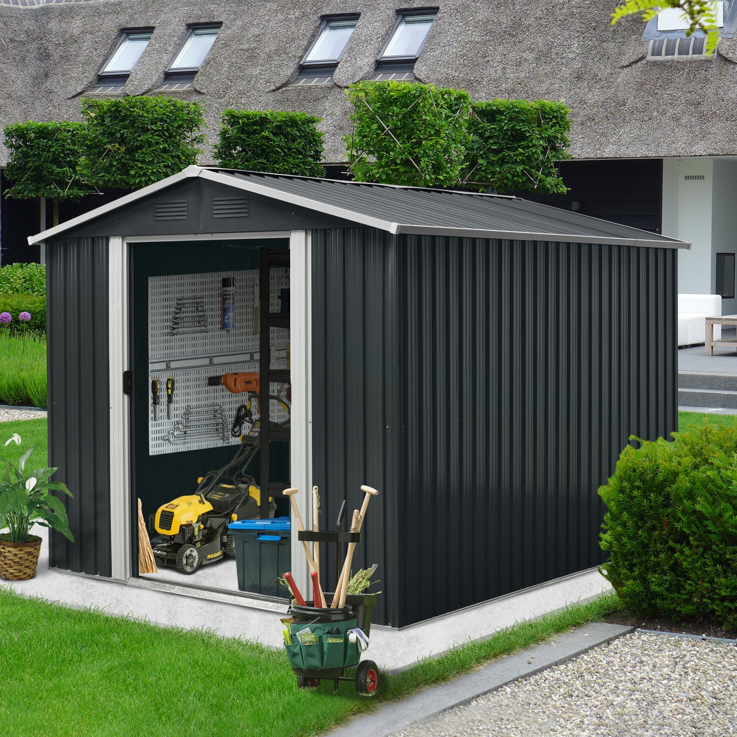 8ft x 10ft Outdoor Metal Storage Shed with Floor Base Black