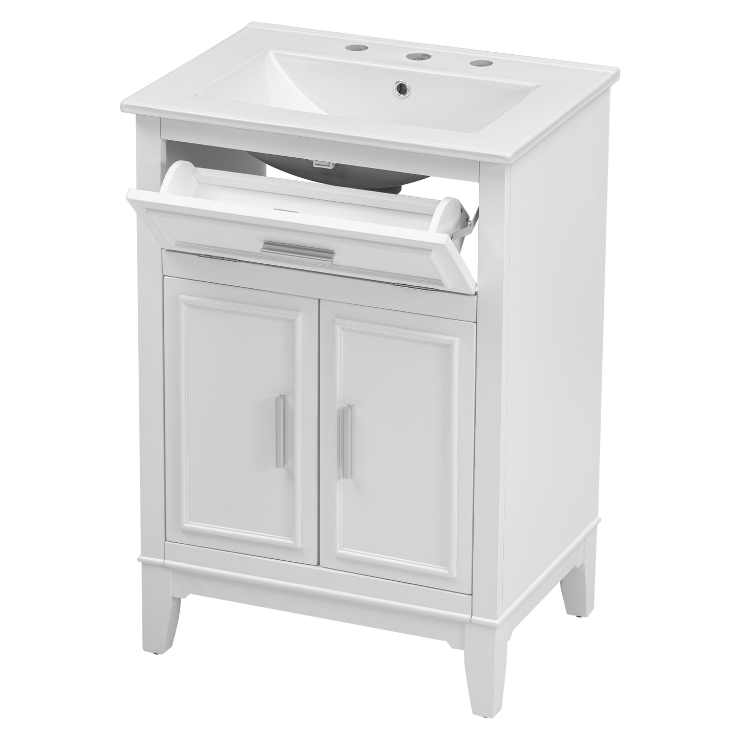 24" Bathroom Vanity with Sink, Solid Wood and MDF Cabinet with One Flip Drawer and Doors, White