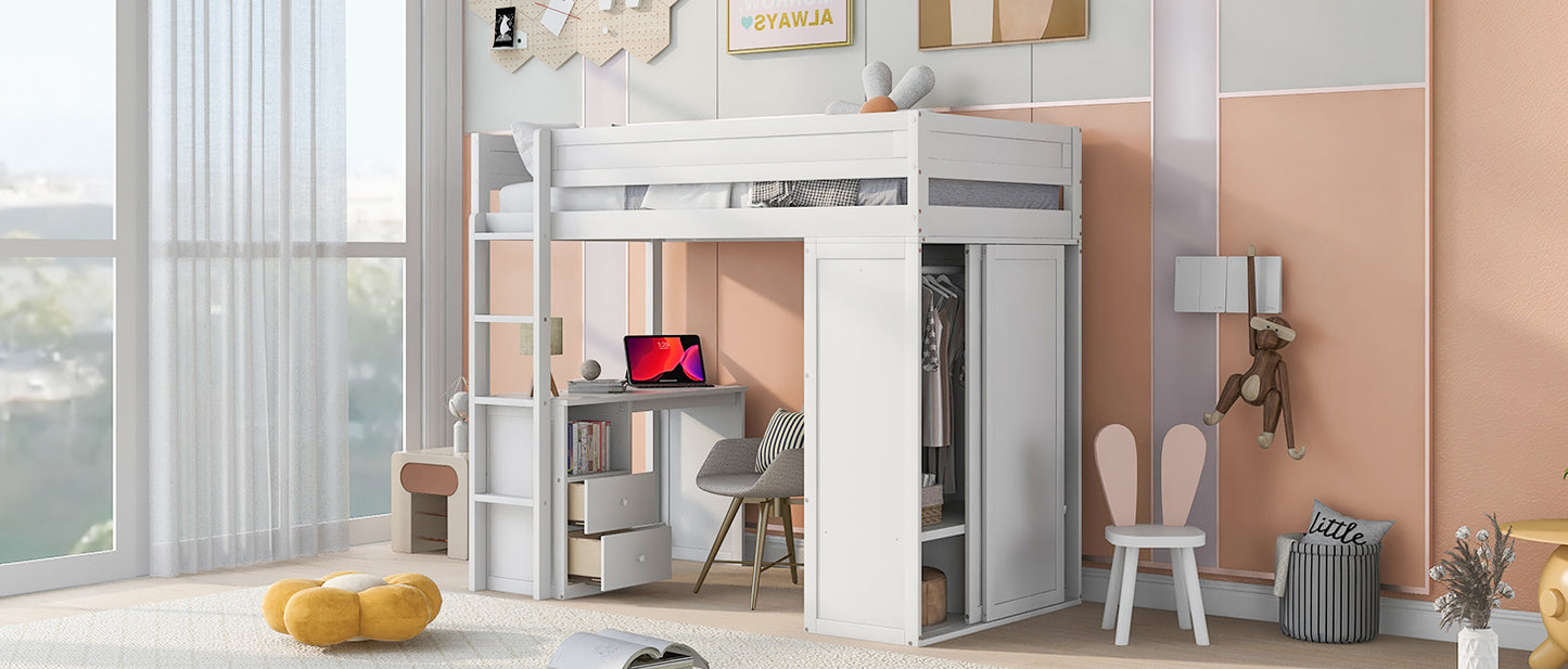 Wood Twin Size Loft Bed with Wardrobes and 2-Drawer Desk with Cabinet  White