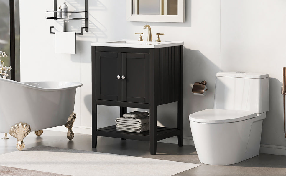 Black Modern Sleek Bathroom Vanity Elegant Ceramic Sink with Solid Wood Frame Open Style Shelf