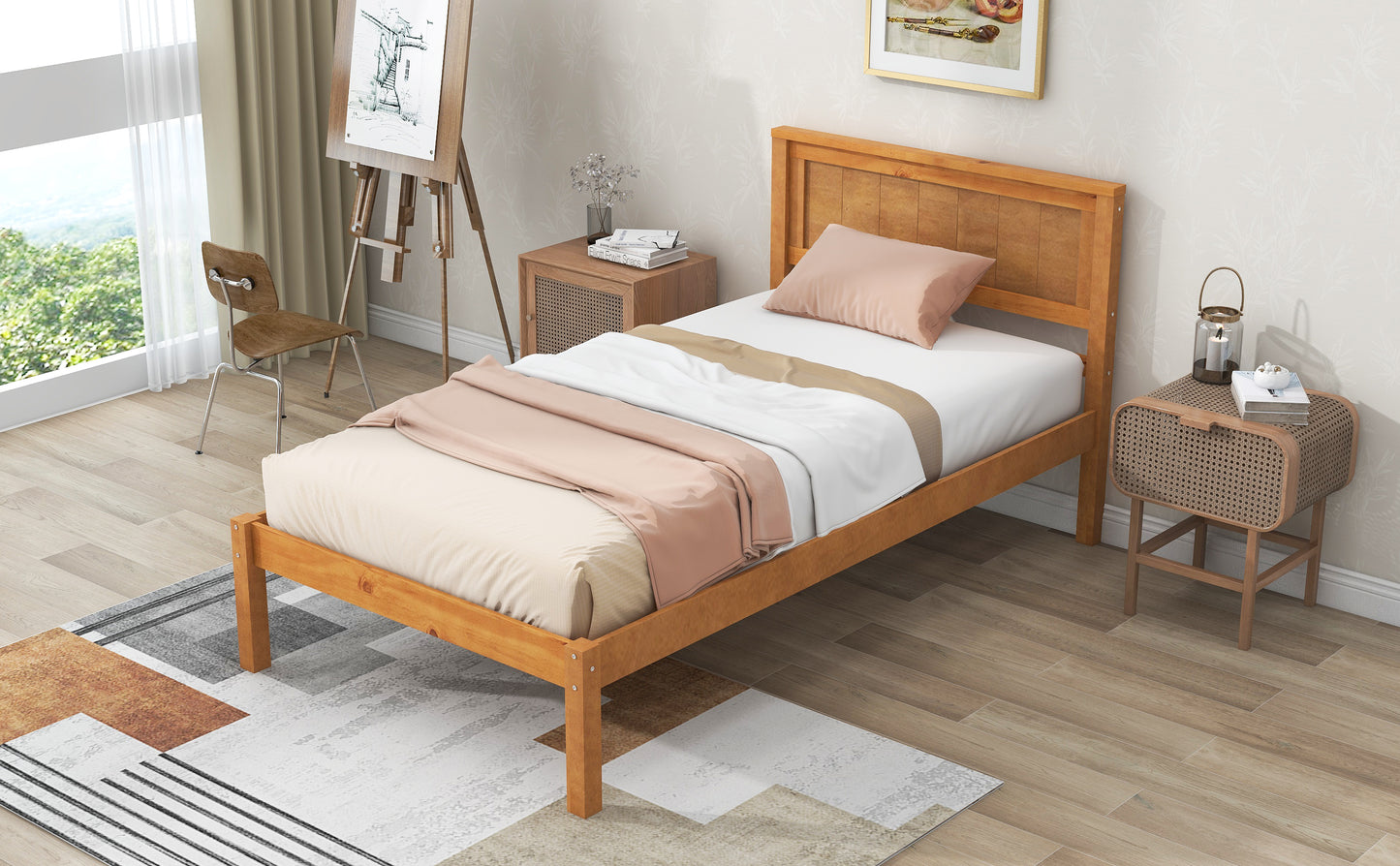 Platform Bed Frame with Headboard  Wood Slat Support  No Box Spring Needed Twin Oak