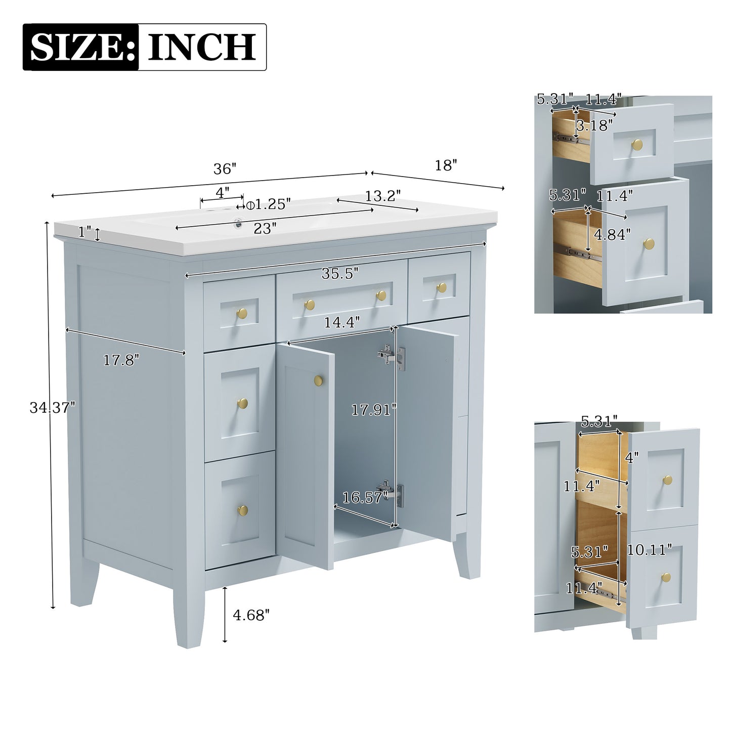 36 inch bathroom vanity with resin sink combination set with 6 drawers and 2 cabinets, storage cabinet vanity set, light blue