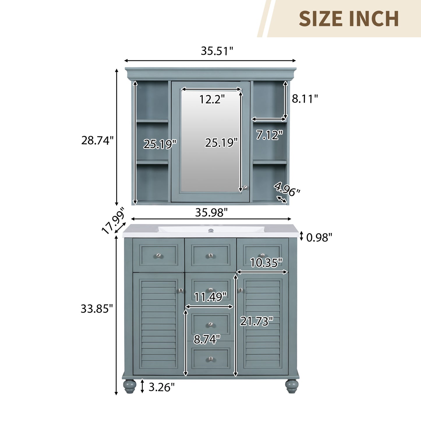 36" Modern Mirror Cabinet with Adjustable Shelves, 2 Soft-Closing Doors, and 6 Drawer Organizers