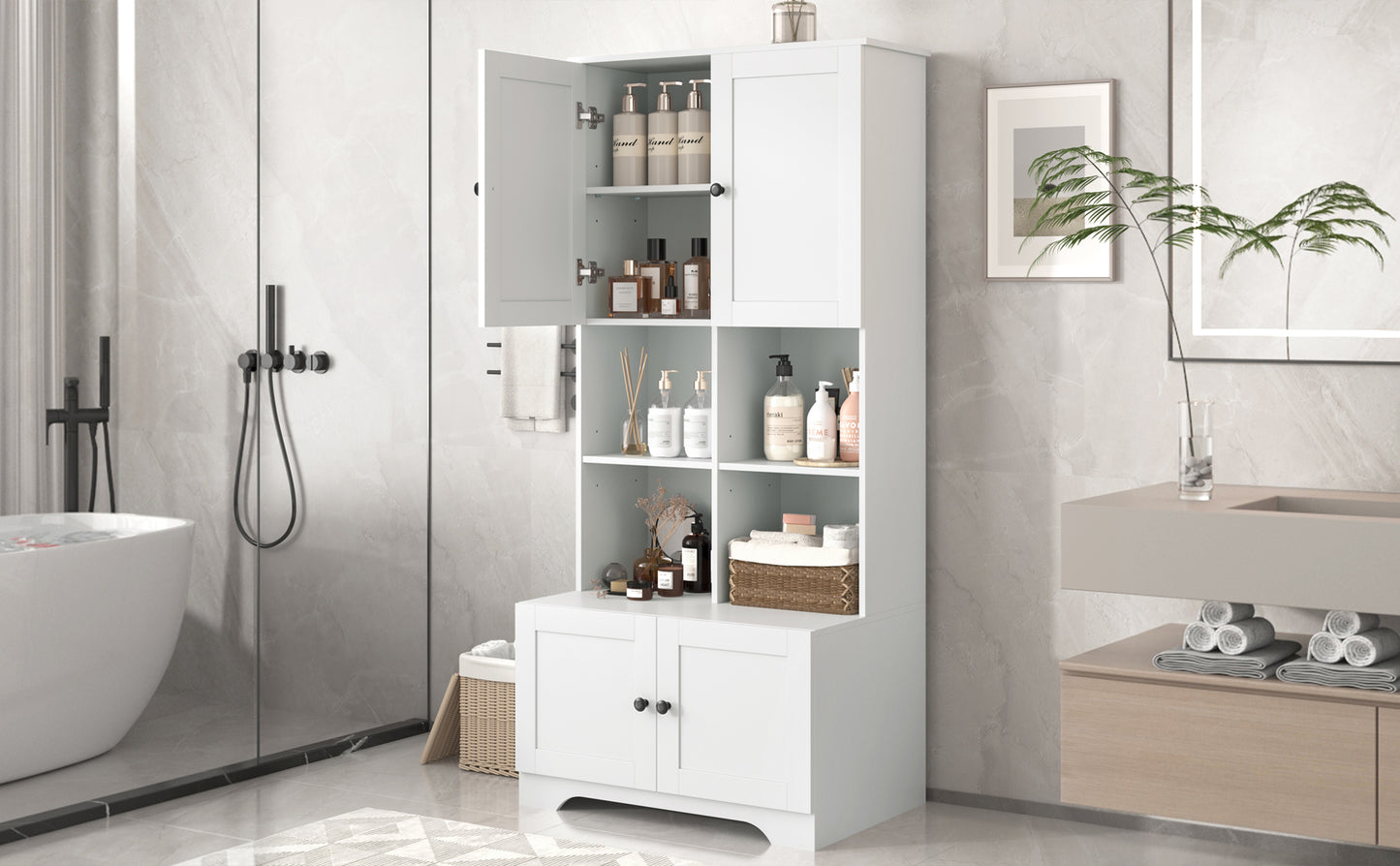 Bathroom storage cabinet, 4-door independent cabinet, adjustable shelf, open multi-layer shelf, white