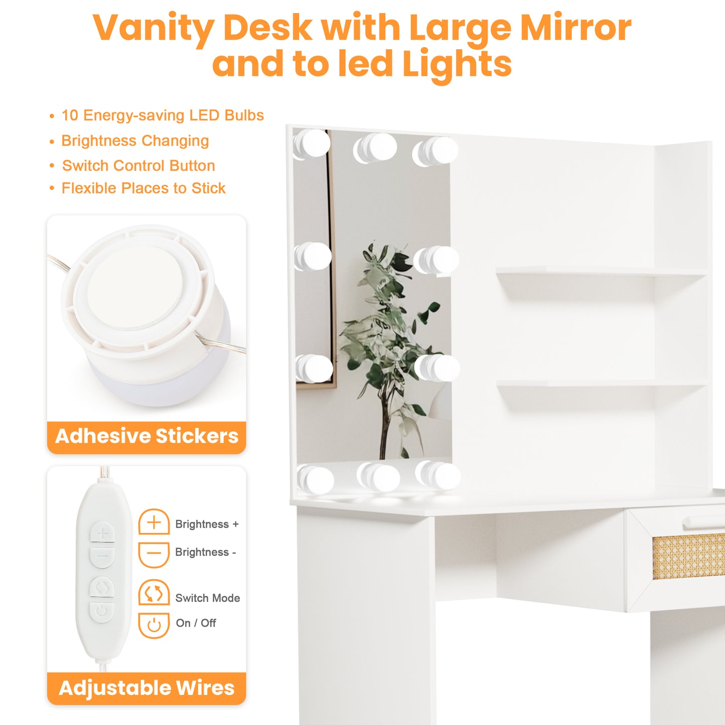 Vanity Desk Set Stool & Dressing Table with LED Lighting Mirror Drawer and Wood Cosmetic Table Chest of Drawers White Color