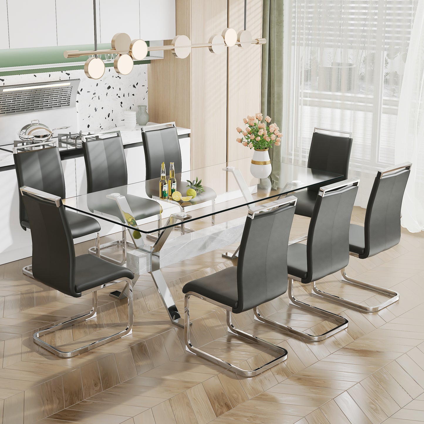 Modern Tempered Glass Dining Table, 79" x 39" x 30", Sleek Design for Dining Rooms