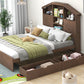 Full Size Wood Platform Bed with House-shaped Storage Headboard and 2 Drawers Walnut