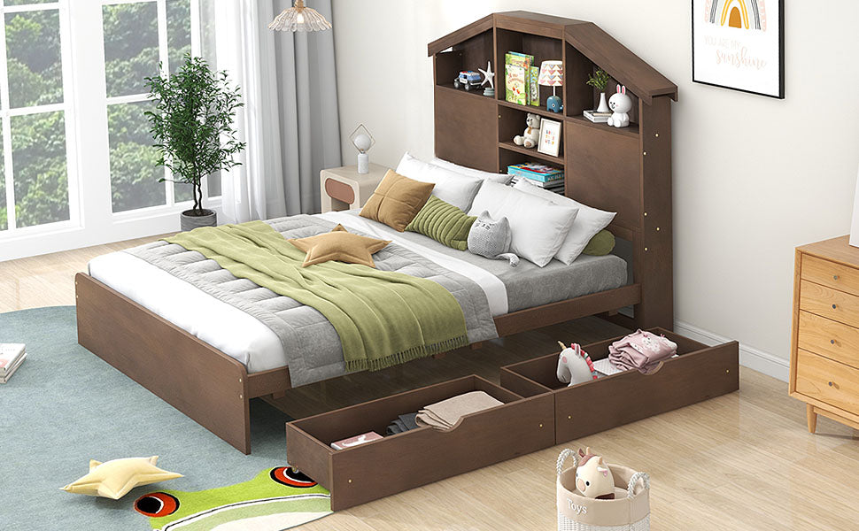 Full Size Wood Platform Bed with House-shaped Storage Headboard and 2 Drawers Walnut