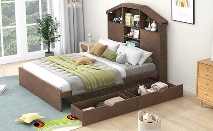 Full Platform Bed with Storage Headboard Walnut