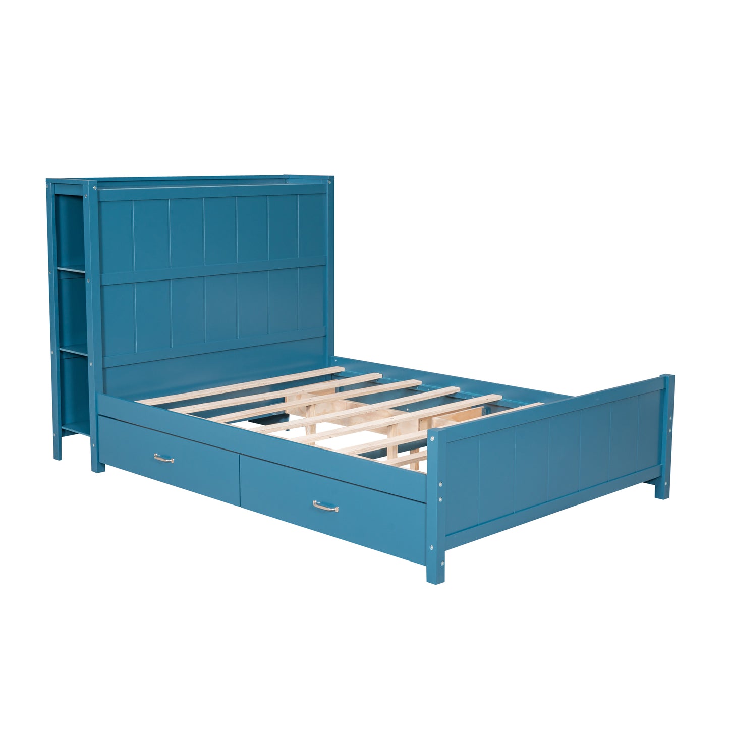 Full Size Platform Bed with Drawers and Storage Shelves, Blue