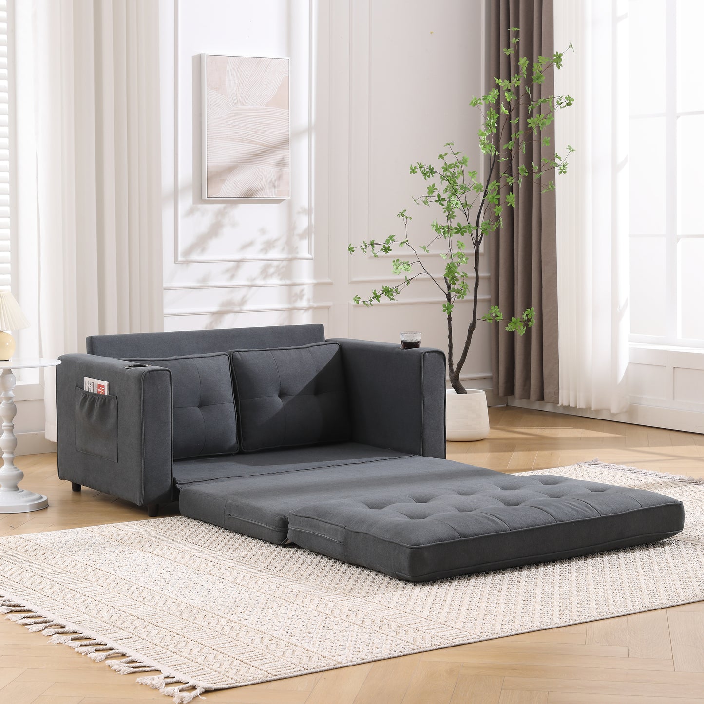 Three in one soft cushion cushion cushion sofa, folding mattress sofa bed, with side pockets and cup holder, dark gray