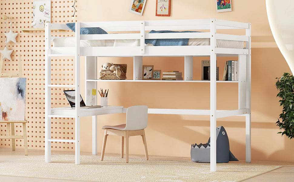 Twin Loft Bed with built-in desk and bookcase of three compartments, Guardrails and Ladder,White