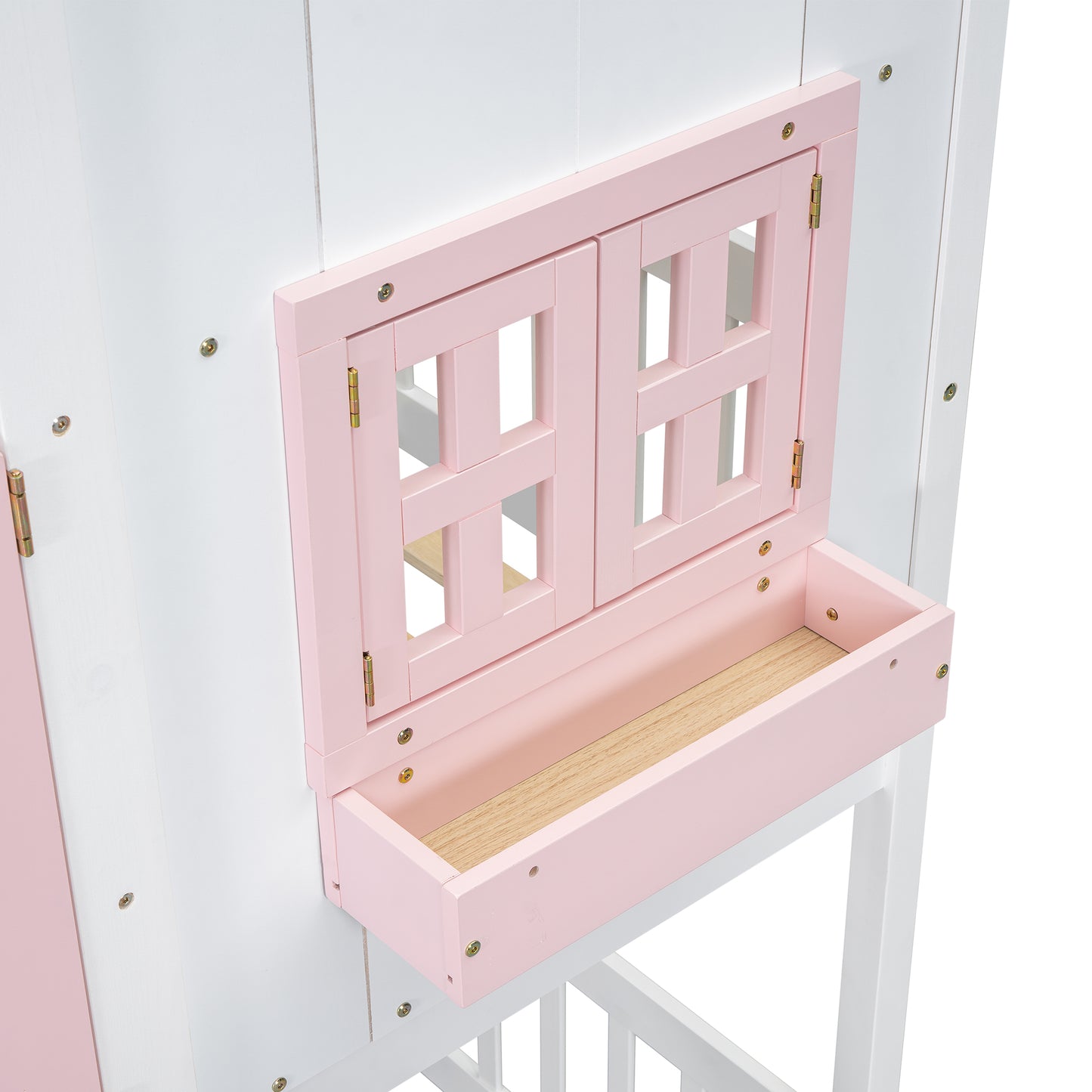 Twin over Twin House Bunk Bed with Roof , Window, Window Box, Door , with Safety Guardrails and Ladder, Pink/White