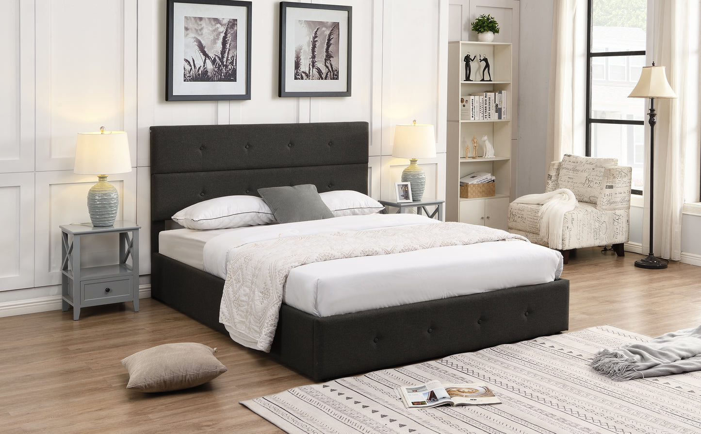 Upholstered Platform Bed with Underneath Storage Queen Size Gray