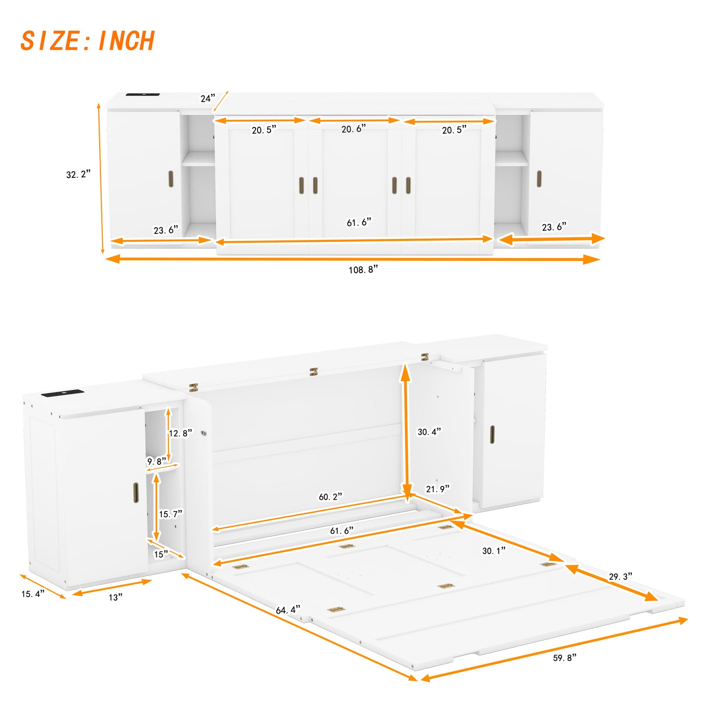 Cama plegable tamaño queen con estantes, gabinetes y puertos USB, acabado blanco para habitaciones que ahorran espacio