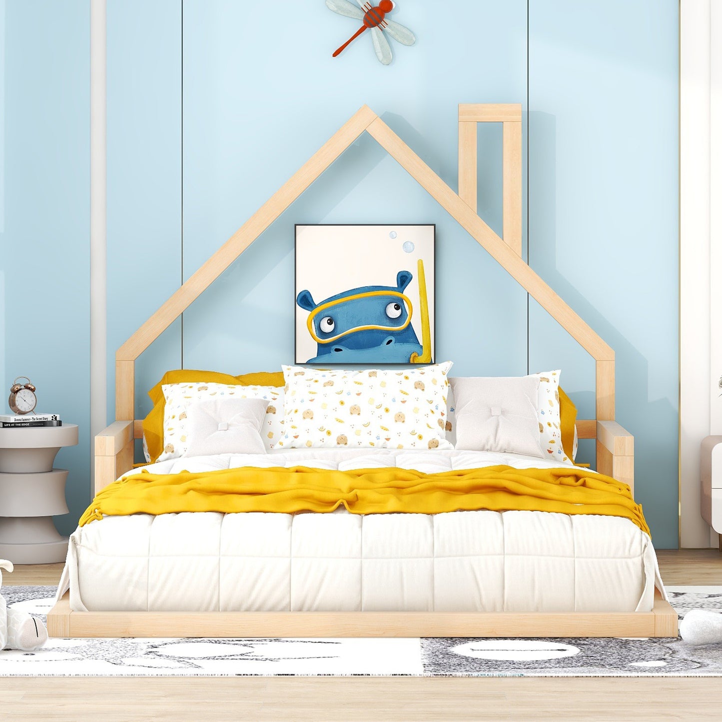 Full Size Wood Floor Bed with House-shaped Headboard  Natural