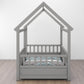 Twin Size Floor Wooden Bed with House Roof Frame Fence Guardrails Grey