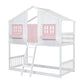 Twin over Twin House Bunk Bed with Roof , Window, Window Box, Door , with Safety Guardrails and Ladder, Pink/White