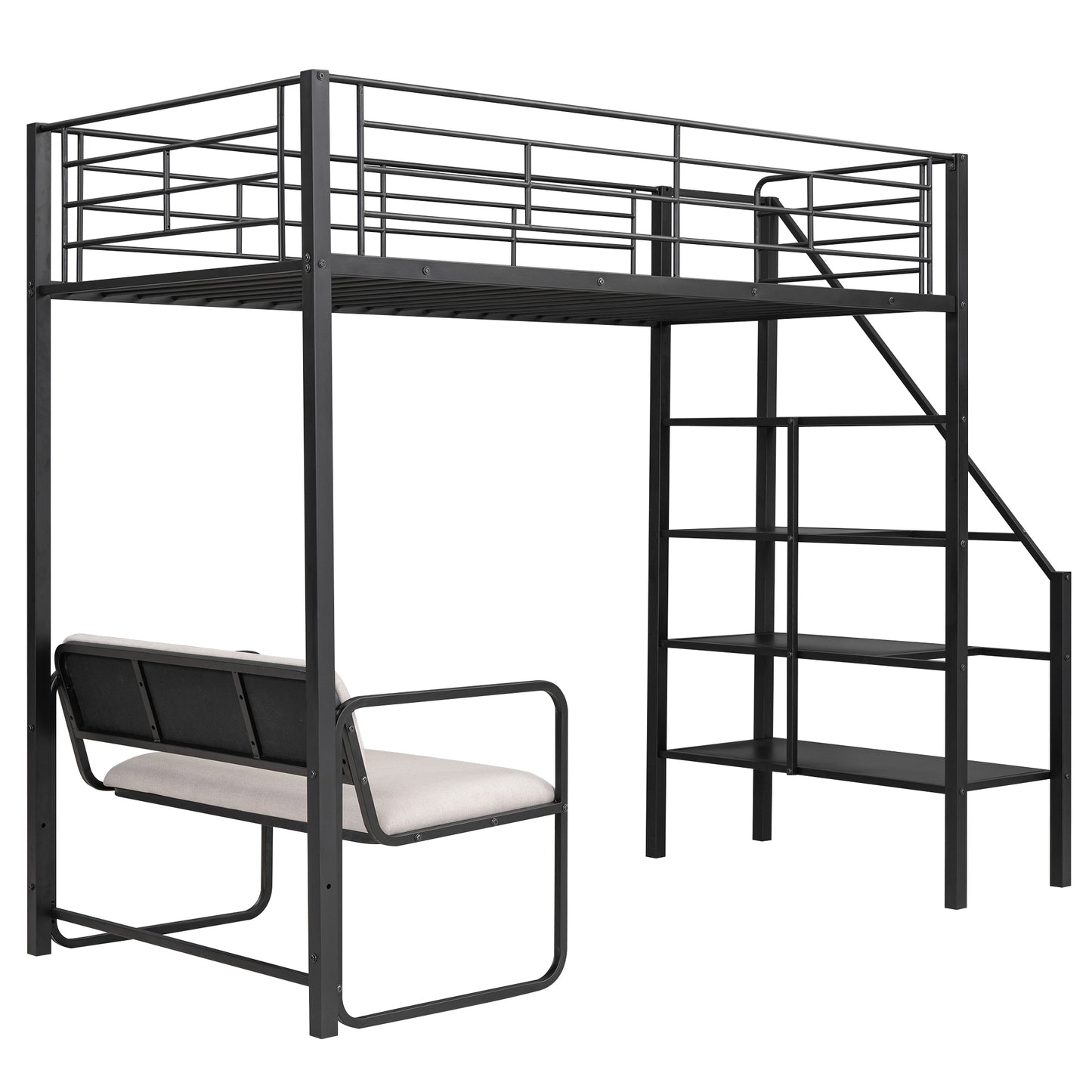 Twin Size Metal Loft Bed with Bench and Storage Staircase  Black