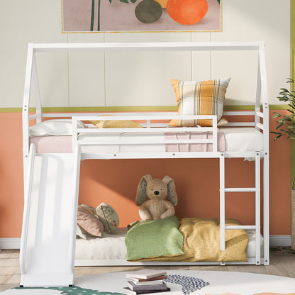 Twin over Twin House Bunk Bed with Ladder and Slide,White