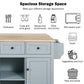 Kitchen handcart with rubber wood leaf countertop, storage cabinet, shelf, and 3 dining room drawers, gray blue