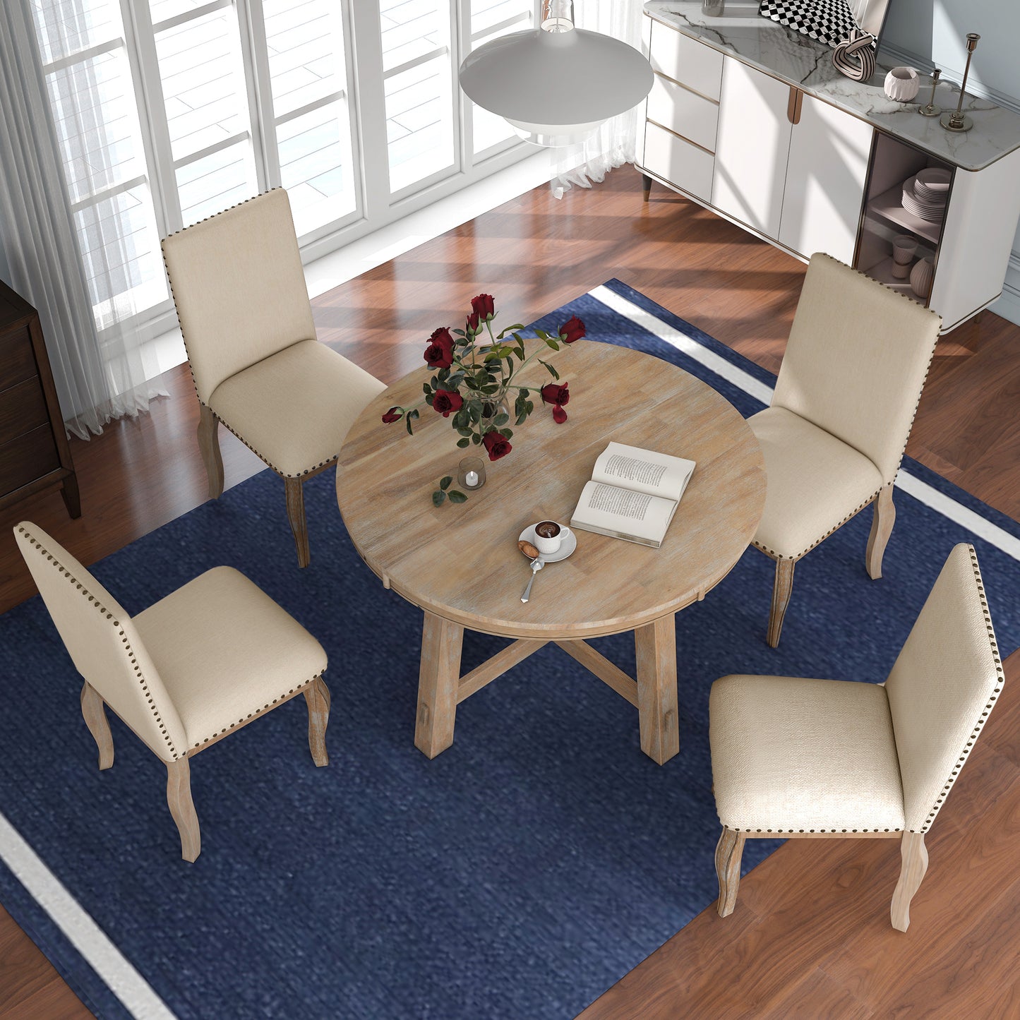 TREXM 5-Piece Farmhouse Dining Table Set with Round Extendable Table and 4 Upholstered Chairs, Natural Wood Wash