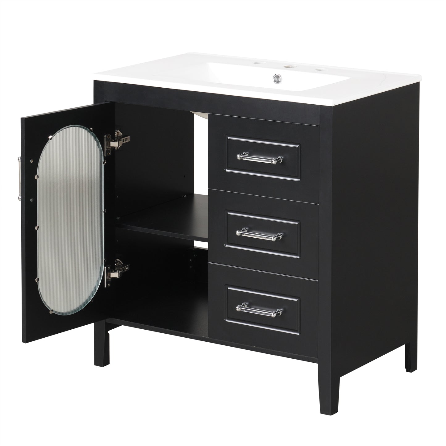 Bathroom Vanity with Sink, Bathroom Vanity Cabinet with Two Drawers and Door, Adjustable Shelf, Solid Wood and MDF, Black