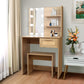 Vanity Desk Set Stool & Dressing Table with LED Lighting Mirror Drawer and Wood Cosmetic Table Chest of Drawers Nature Color